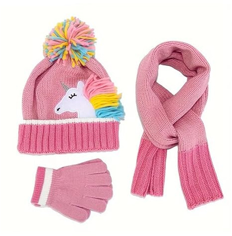 OrJana Set Invernale per Bambini con Unicorno, Berretto, Sciarpa e Guanti in Maglia, Cuffia con Pompon Arcobaleno, 3 Pezzi (fucsia)