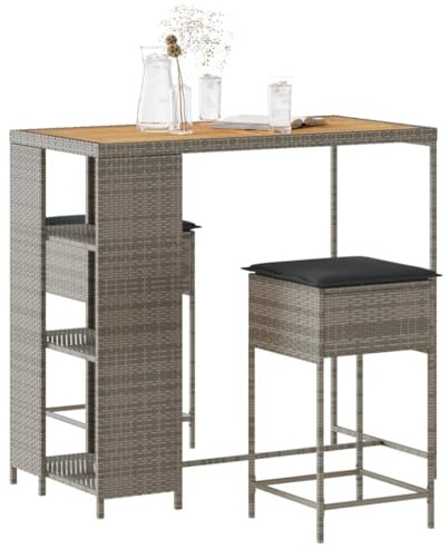 Qnhdfrt 3-TLG Gartenbar Set Grau Poly Rattan 120 x 60 cm Akazienholz Tisch 2 Barhocker mit 6 cm Kissen Modernes Balkonmöbel wetterfest für kleine Balkone Garten Terrasse