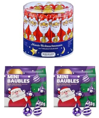 Double Festive Tree Chocolate Decoration Bundle: Includes Riegelein Solid Santa Drum(812g) and Christmas Baubles (2x72g)
