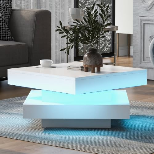 Merax Hochglanz Couchtisch mit 360° drehbarer Tischplatte und 16-Farb LED-Beleuchtung, Moderner Sofatisch für Wohnzimmer, 70x70x36 cm, Weißer Kaffeetisch für futuristische Wohnräume