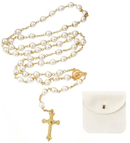 Hpbaggy Kommunion Rosenkranz Halskette Perlen Mit Samt Geschenkbeutel Katholisch Rosenkranz Kette Jesus Kreuz Gebetskette Christlich Rosary Chain Geschenke Für Frauen und Männer Mädchen Jungen