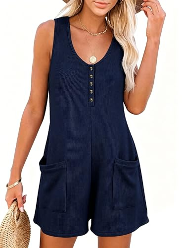 Vossmi Donna Elegante Tuta Manica Corte Monopezzi e Tutine Jumpsuit da Donna Tute Spiaggia Pantaloncini Vita Alta Ampia Salopette Gamba con Bottoni Autunno Blu,L