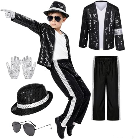 Kinder Retro Pop Star Kostüm 6-teiliges Set Paillettenjacke Gestreifte Hose Mit Hut Sonnenbrille Handschuhe & T-Shirt 90er Jahre Outfit Gestreifter Anzug Karneval Bühnenauftritt und Mottopart