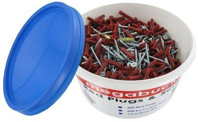 Megabucket Screws, Wall Plugs & Pozi's. Tub of 500. Red plugs & screws. 8 x 1 1/2. Complete with Driver bits. MTB