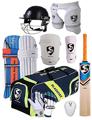 SG Blazepak Champion Cricket-Set (Cricketschläger (mit Abdeckung) + Beinschutz + Schlaghandschuhe + Kitbag + Oberschenkelschutz + Armschutz + Abdoschutz + Cricket-Helm groß