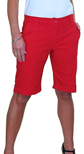 icecoolfashion Womens Stretch Shorts with Pockets Above Knee Length Straight Leg Bermudas with Turn Up Cuffs Red 8-22 (22)