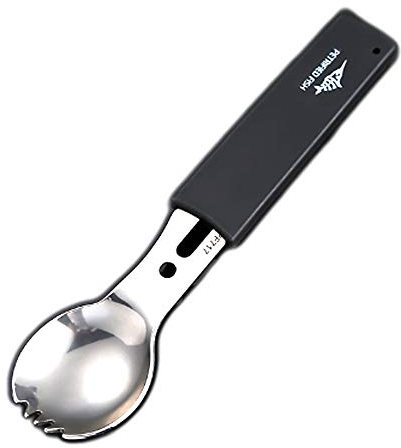 IKAAR Camping Cutlery Travel Camping Utensil Tableware Set, Portable Dinnerware, Titanium Spork Stainless Steel All in One Spoon Fork Bottle Opener Whistle, Multi-function Picnic Survival Tools Black