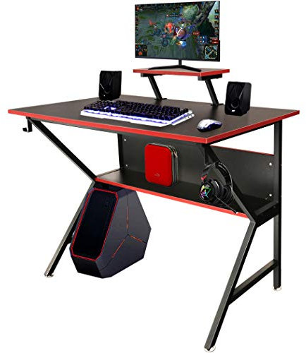 LAVIEVERT Ergonomic Gaming Desk Home Office PC Computer Desk K-Shaped Professional Gamer Table Workstation with Adjustable Monitor Stand & Storage Shelf - Black