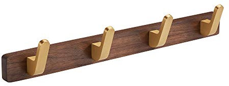 SARIHOSY Patère murale 4 crochets en alliage de zinc doré avec base en bois de noyer pour salle de bain, crochet en vestimentaire bois, 4pcs porte manteau salle de bain bois