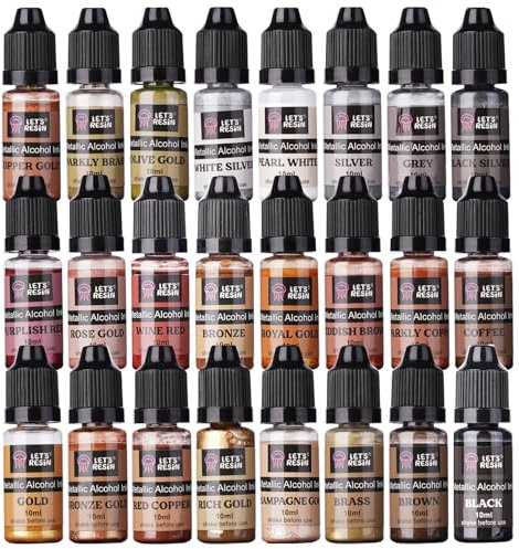 LET'S RESIN Metallic Alcohol Ink Set - 24 Colors: Gold, Silver, Rose Gold & More. High Concentrated & Shimmer Mixatives. Ideal for Epoxy Resin, Resin Petri, Tumblers, Coasters. Each 0.35oz