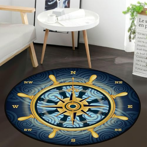 keepcute Rutschfeste Fußmatte mit blauem Kompassrose, goldfarben, nautisches Thema, rutschfeste Bodenmatte, runder Teppich für Schlafzimmer, Wohnzimmer, Arbeitszimmer, Spielteppich, 91 cm Durchmesser