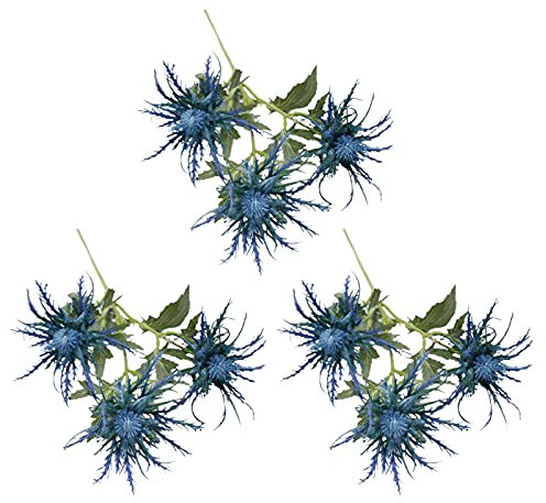Marooma Künstliche Distelblumen, blaue Eryngiumblumen, 26,4 lange Stiel, künstliche Disteln, Strauß, Kunstpflanze, Hochzeitsstrauß für Zuhause, Küche, Büro, Dekoration, 3 Stück