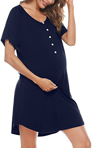 Uniexcosm Chemise de Nuit Femme Été Robe de Nuit Femme Coton Chemise de Nuit Allaitement Maternité Manches Courtes Col en V avec Bouton Devant Ouvert Bleu Foncé S