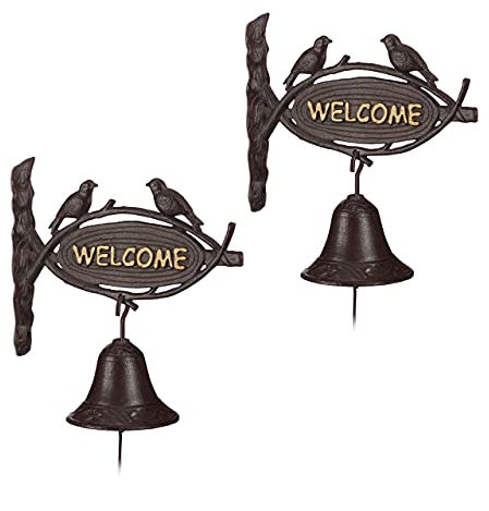 Relaxdays 2 x Türglocke Gusseisen Welcome, Antik-Stil, goldene Buchstaben, Schild mit Vögeln, Haustür & Garten, Dunkelbraun