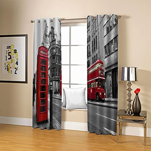Gardinen Schlafzimmer 2 Stücke Ösenvorhang 3D Londoner Roter Bus Druck Modern Vorhang Blickdicht, Verdunklungsvorhänge Für Kinderzimmer Und Wohnzimmer 235 X 230 cm (B X H)