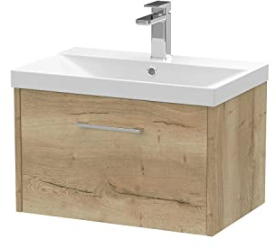 Hudson Reed JNU1822D Juno Modern Bathroom Wall Hung Single Drawer Vanity with Thin-Edge Ceramic Basin, 600mm, Woodgrain Autumn Oak