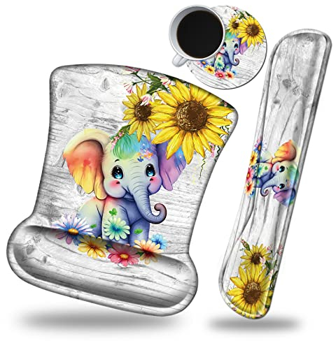 Tastatur-Handgelenkauflage und Maus-Handgelenkauflage Pad Set, aus Memory-Schaum mit rutschfester Gummiunterseite, Büroarbeiten, niedlicher Elefant-Sonnenblumen-Untersetzer