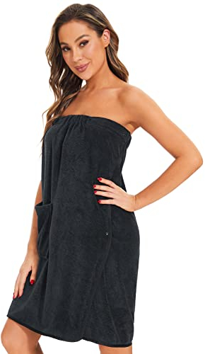 Ymmchy Sauna Frottee Bademantel Damen Saunatuch Saunakilt mit Druckknöpfen, Tasche und Gummizug Schwarz S/M