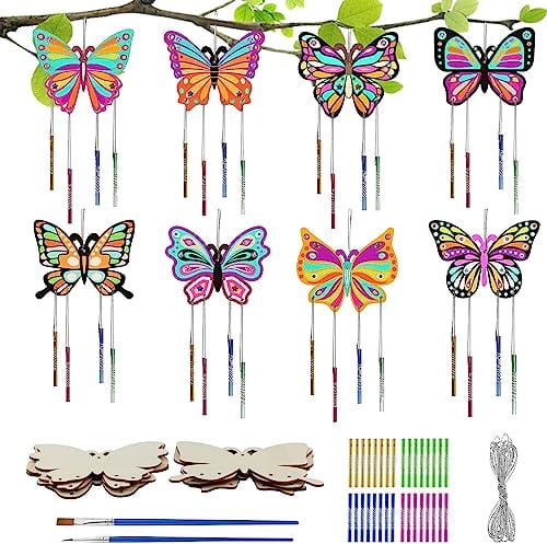 TZQFROCE Schmetterling Windspiel Bastelset Kinder 8 Stück DIY Schmetterling Holzbastelsets Schmetterling Basteln Kindergeburtstag mit 32PCS Windspiel für Hochzeit Feier Party Basteln Echtholz