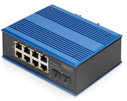 DIGITUS Industrieller Netzwerk-Switch – 8X RJ45 + 2X SFP-Uplink – IP40 – Gigabit Ethernet – 10/100/1000 Mbit/s – IP40 – Hutschienenmontage – Schwarz/blau