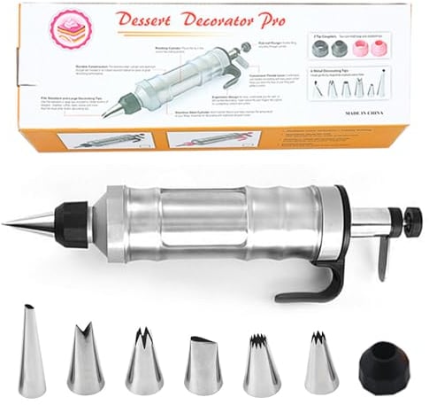 TAKUZA Seringue à garnir en acier inoxydable - Seringue à gâteau professionnelle en acier inoxydable - Pour décorer des gâteaux avec 6 douilles - Avec récipient transparent - Pour cupcakes,