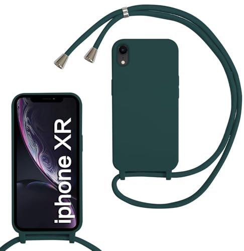 Haygdz Crossbody Lanyard Case for iPhone XR, Liquid Silicone Protective Phone Case with Strap Adjustable Neck Cord Necklace Soft Cover for iPhone XR, Dark Green