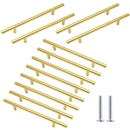 Cjueiom Gold Cupboard Handles, 128mm Hole Center, 200mm Length, 12 Pack | T Bar Handles, Stainless Steel, Drawer Handles, Long Wardrobe Door Handles Pulls, Kitchen Cabinet Handles for Bedroom Drawer