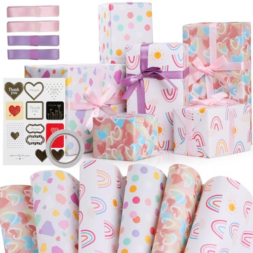 Hianjoo Valentinstag Geschenkpapier Set 6 Blatt, Geschenkpapier mit Kaufkleber und Bänder, Craftpapier Geschenkverpackung Papier für Valentinstag/Hochzeit/Muttertag, 70 x 50 CM