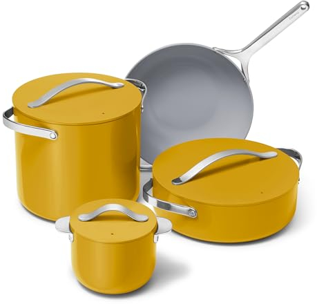 Caraway Cookware+ Collection – Spezial-Kochgeschirr-Set – Petite Cooker, Bratpfanne, Rondeau & Suppentopf – 3 Deckel und Aufbewahrungs-Organizer im Lieferumfang enthalten – Ringelblume