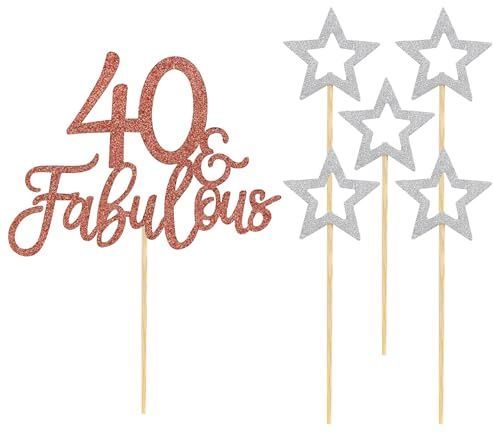 3 insertos para tartas para 40 cumpleaños, 5 piezas de estrella plateada, accesorios de decoración para tartas para mujeres, 40 accesorios de decoración de fiestas (oro rosa)