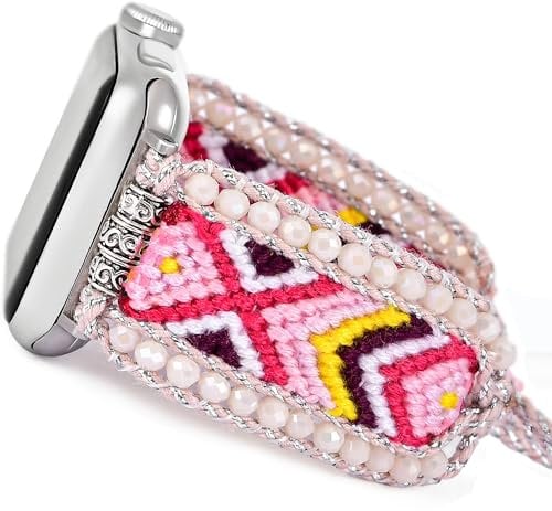 Fancy Woven Braided Nylon Band Compatible with Apple Watch Bands 40mm 41mm 38mm, Retro Boho Friendship Bracelet Handmade Bohemian Beaded Adjustable Dressy Strap Wristbands for iWatch Bands Series