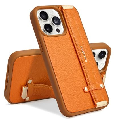 CUSTYPE for iPhone 14 Pro Case with Adjustable Wristband Strap Kickstand, Hand Strap Grip Loop Leather Case,Shockproof Protection Cover for Women for iPhone 14 Pro 6.1inch-Orange