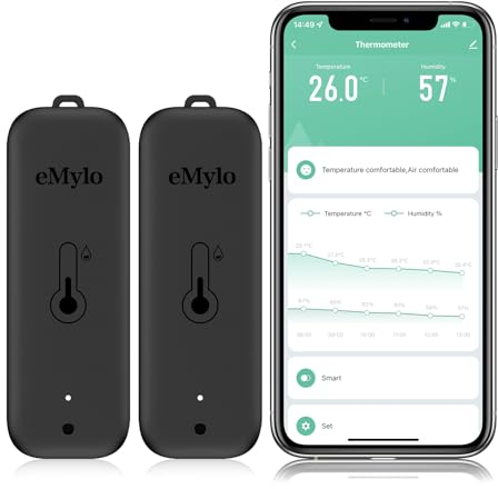 eMylo Thermometre Wifi, Hygrometre Connecté avec Alarme Intelligente, Stockage Exportation Gratuite de Données et Fonctions D'étalonnage, Compatible avec Smart Life, Noir 2 Pièces