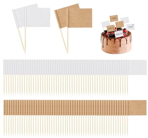 CWPFVQA 200 Piezas de Banderas de Etiquetas en Blanco, Banderas de Etiquetas para Pasteles grabables, Banderas de Palillos de Dientes en Blanco, Banderas de Palillos de cóctel