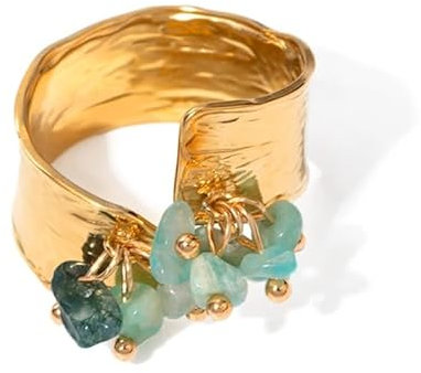 Bague large pampilles/breloques Gemma, acier doré,pierres naturelles