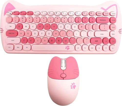 Wireless Mouse and Keyboard Set, Cute Cat Keyboard Mouse Combo for Present, 2.4G Cordless Computer Mice with USB Receiver for Laptop PC MAC (Cherry Blossom Pink)