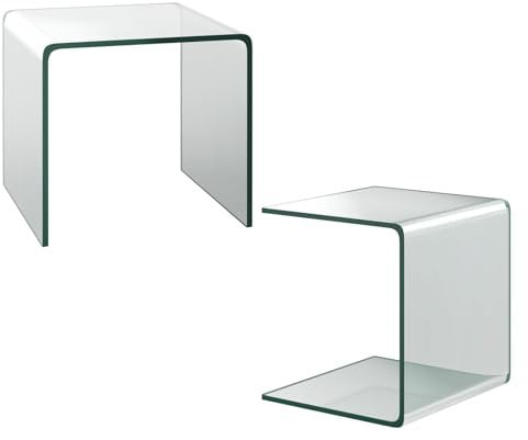 COSTWAY Beistelltisch Glas, 2 er Set Nachttisch U-förmig, transparenter Glastisch quadratisch, Wohnzimmertisch Kaffeetisch Couchtisch für Wohnzimmer, Büro, Schlafzimmer, 45 x 45 x 41cm