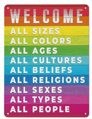Rustikales Metall-Blechschild Everyone Is Welcome Here, Regenbogen-Wandkunst, Vielfalt, Gleichheit, Wandkunst für Zuhause, Büro, Bar, Klassenzimmer, Schule, Restaurant, Wanddekoration, 30,5 x 40,6