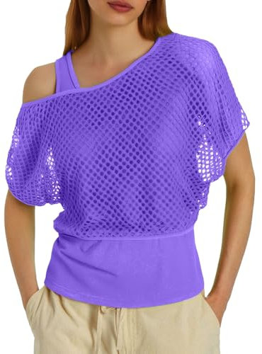 90er Jahre Outfit Damen Oberteil, Netzoberteil Damen 80er Jahre Outfit Festival - Sexy Netzshirt Netztop Faschingskostüme Neon Party Outfit 90er Netzo Oberteil Karneval Kostüm Mottoparty One Shoulder