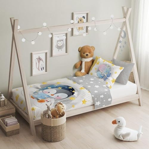 texpot Kinderbettwäsche Set 100 x 135 + 40 x 60 cm Pinguin Druckmotiv 100% Baumwolle Reißverschluss pflegeleicht