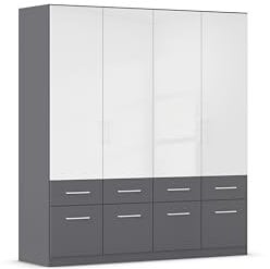 Rauch Möbel Aberdeen, Drehtürenschrank, Kleiderschrank, Schrank, Garderobe, 4-türig, 8 Schubladen in Absetzung Grau metallic, Schwarz, Farbe Grau metallic/Hochglanz weiß, Griffe Weiß, 181x197x54cm
