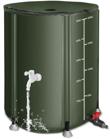 Zusammenklappbares Regentonn, 1000D Oxford Faltbare Wasserfässer, 200 l, robustes Regenwassersammelfass mit Zapfen und Überlauf-Set für Garten, Grün