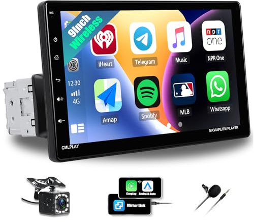 CAMECHO Drehbar Autoradio 1 Din mit Wireless A-pple Carplay Android Auto 9 Zoll Bildschirm Bluetooth Radio HD Touch Display mit Rückfahrkamera Mirror Link FM EQ SWC Lenkradsteuerung