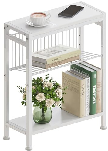 Vantimo Schmaler Beistelltisch, 3 Ablagen Nachttisch Schmal mit Zeitschriftenhalter, Sofa beistelltisch, Couchtisch klein für Wohnzimmer, Schlafzimmer, Küche & Balkon, Arbeitszimmer (Weiß)