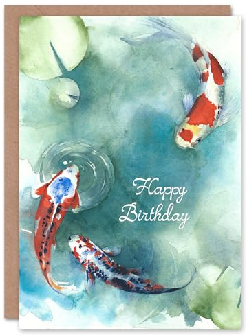 Artery8 Happy Birthday Japanese Koi Fish and Lily Pads Birthday Card