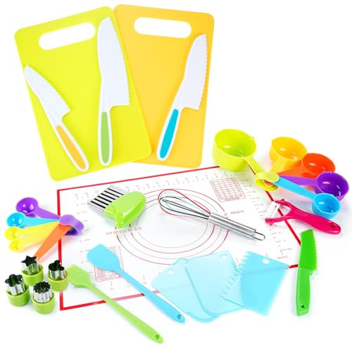 Ensemble de 29 Couteaux de Cuisine pour Enfants - Moules à légumes et à Pain - Couteau en Bois - Planche à découper et Couteau Montessori - Convi