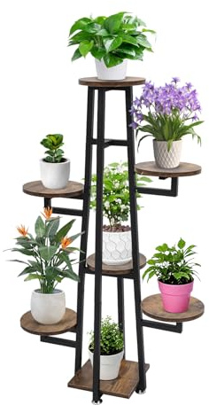 whsiodj Pflanzenständer aus Stahl 7 Etagen Blumenregal für Innen und Außen Mehrstöckiger Pflanzenturm mit Retro Design Hohe Tragfähigkeit Platzsparend Balkon Terrasse Wohnzimmer