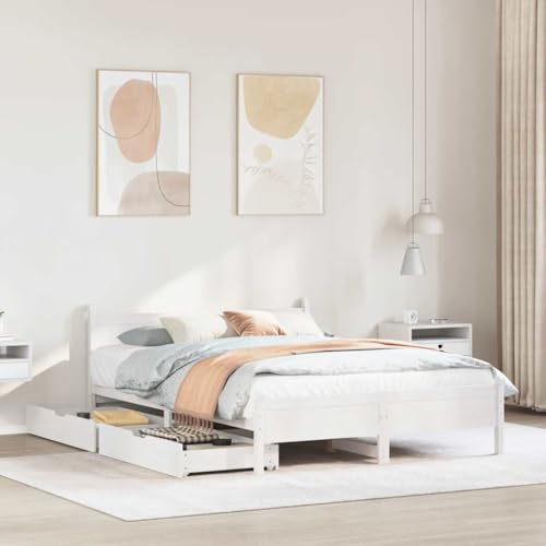 HaoChrymec Massivholzbett ohne Matratze aus Kiefernholz, Mit Kopfteil und Lattenrost, 2 Bettschubladen, Stabiles Design, einzelbett, bettrahmen, Für Schlafzimmer & Jugendzimmer, Weiß, 120x190 cm