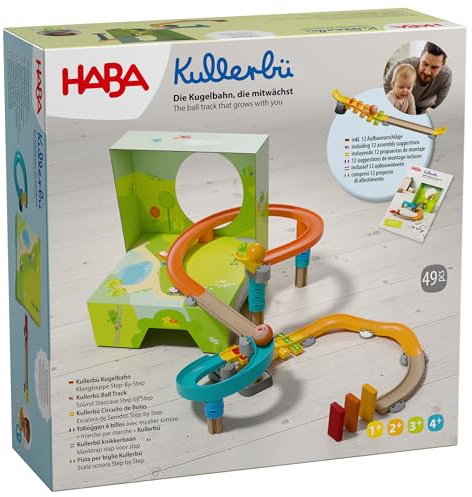 HABA Kullerbü Kugelbahn Klangtreppe Step by Step – Mitwachsendes Spielset ab 12 Monaten bis 4 Jahre – 47 Teile & Sound-Effekte – Kombinierbar mit Allen Kullerbü-Bahnen – 2013383001
