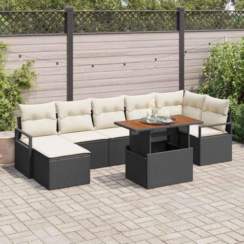 Fangmaliuyun Gartenmöbel Set 8-Teilig Poly Rattan Sofa Gruppe Schwarz Creme 110 kg belastbar mit Akazienholz Tisch und Aufbewahrung für Balkon Terrasse und kleine Gärten